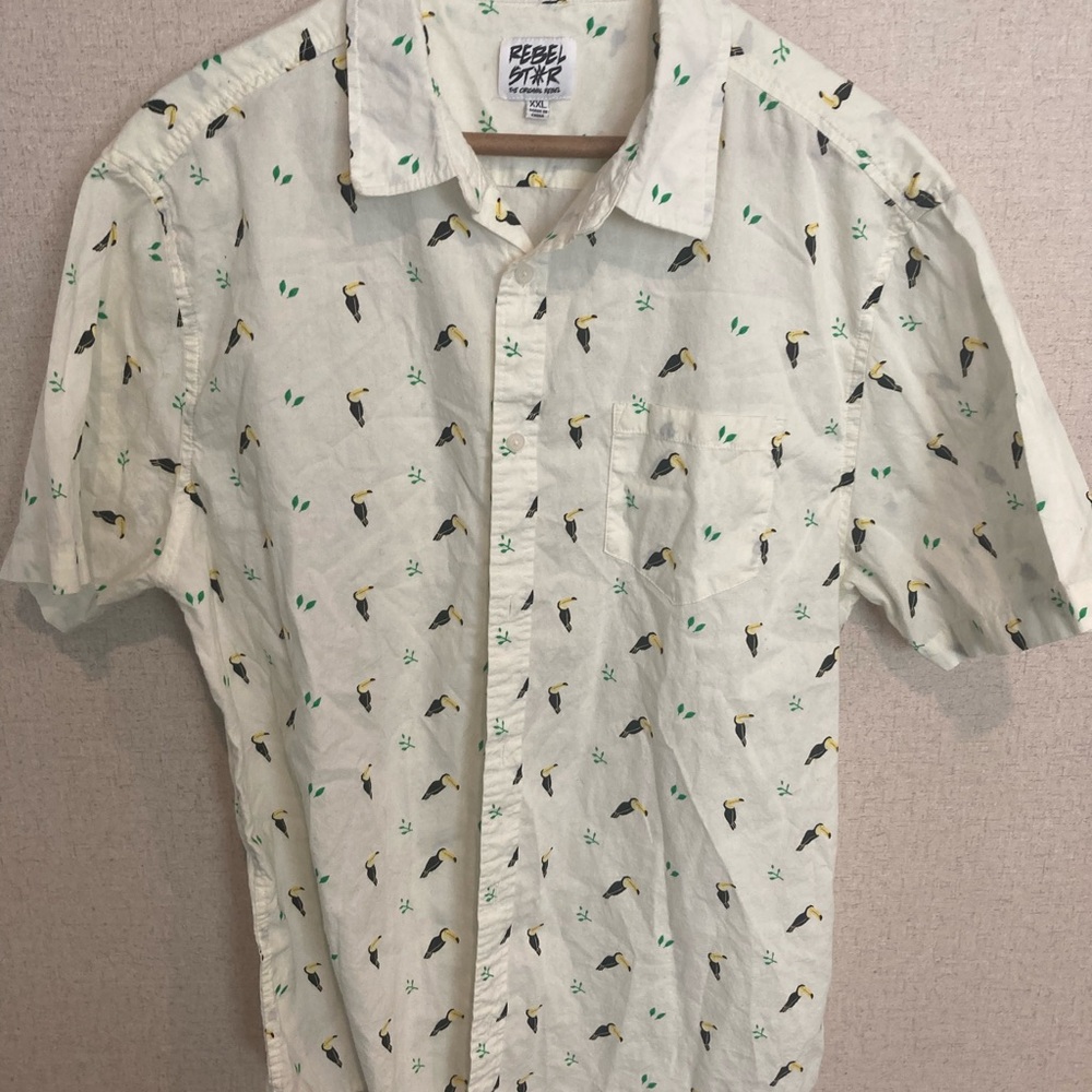 Casual Cream Button Down Shirt with Toucan print mens xxl